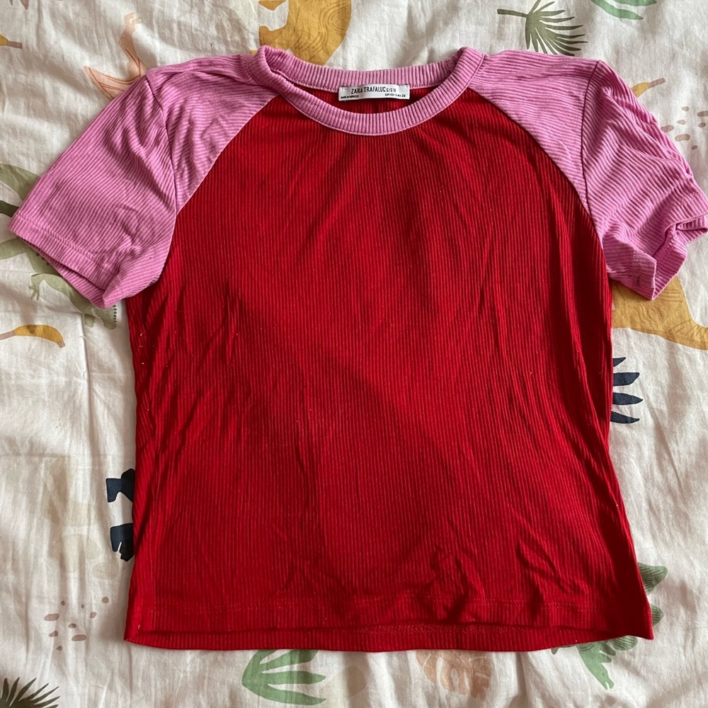 Zara pink-red color block crop top